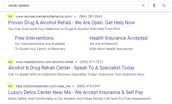 a screenshot of a search engine result page after searching "Rehab centers" with the Ads highlighted.