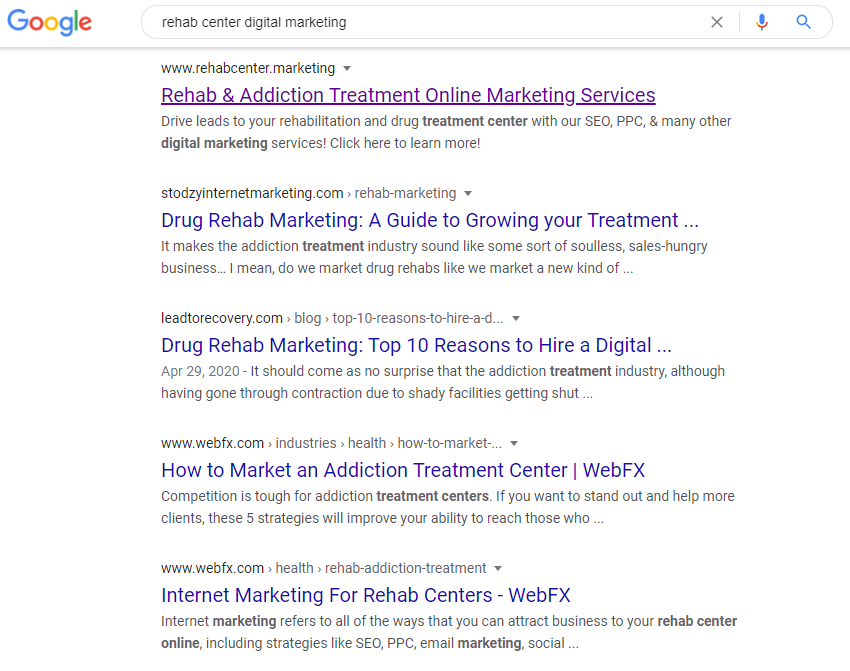 SERP results for rehab center digital marketing