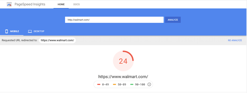 Walmart Pagespeed Insight