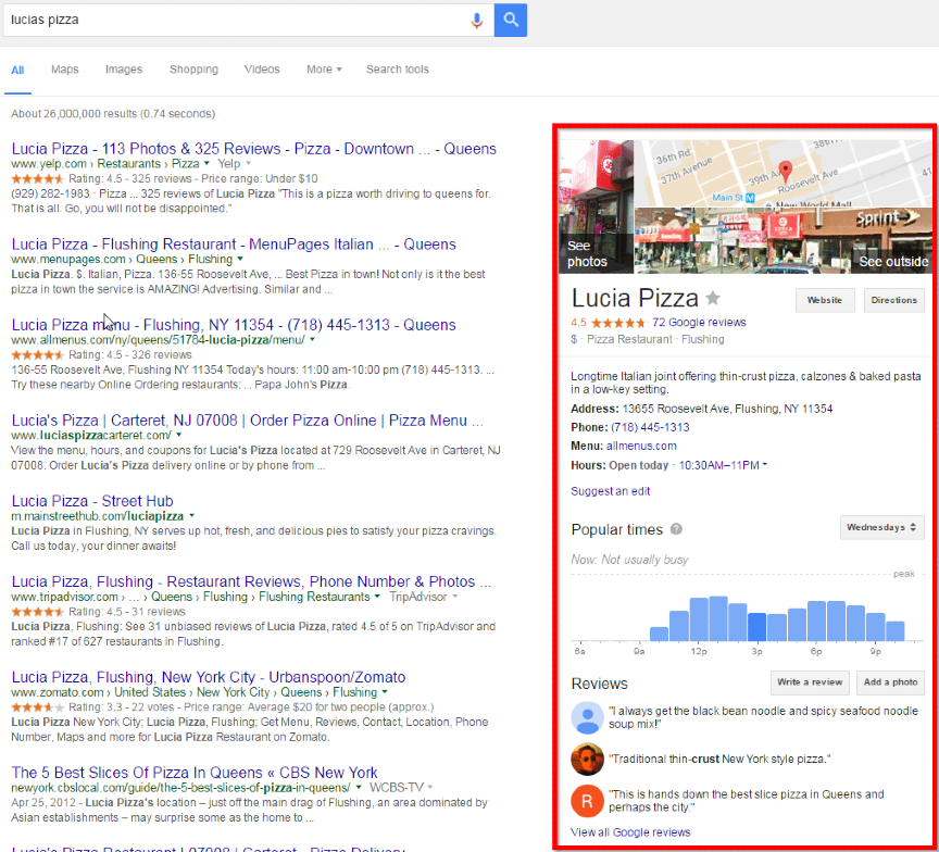 A Google My Business Listing Appearing in the Google Sidebar